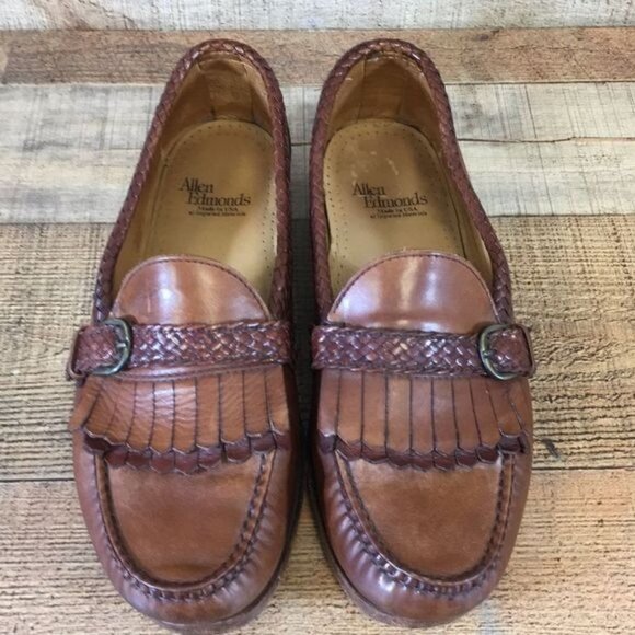 Allen‎ Edmonds Brown Leather Meghan Kiltie Buckle Loafers Men\'s 10.5 C VTG 80s